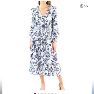 Aqua Luxury linen and Rayon long sleeve Blue floral Midi dress